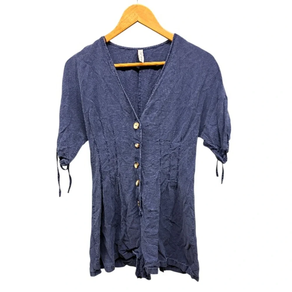 Zara Button Front Romper Womens M Navy Blue Short Sleeve Linen Blend Casual